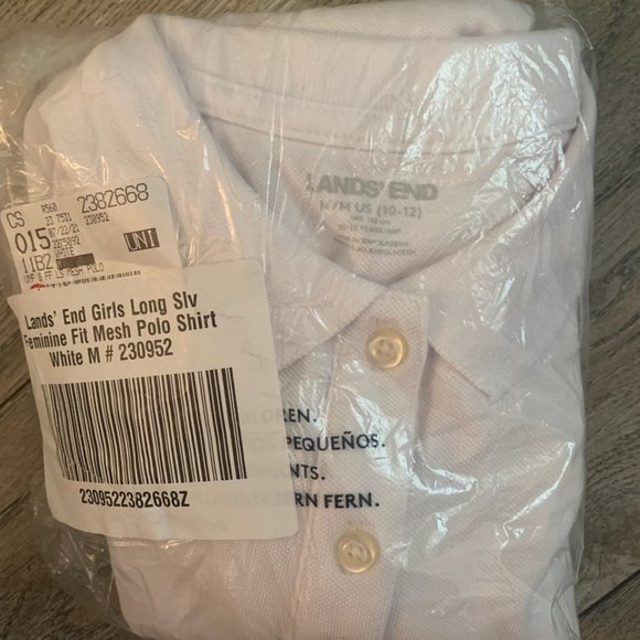 NWT LANDS' END GIRLS LONG SLEEVE FEMININE FIT MESH POLO SHIRT WHITE MEDIUM 10-12 - Picture 5 of 8